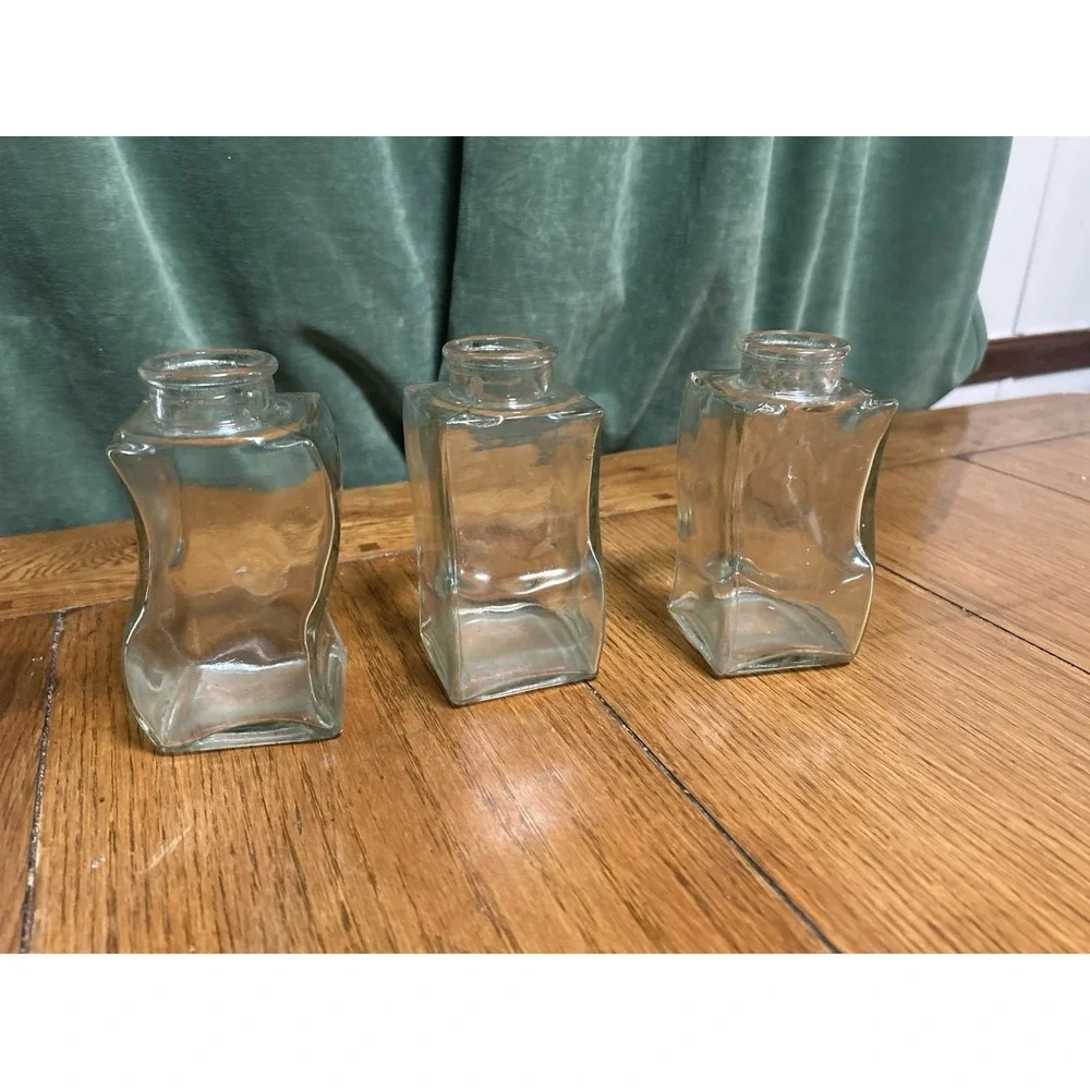 Set of 3 Wavy Square Clear Glass Bud Vases Small Apothecary Style Bottles